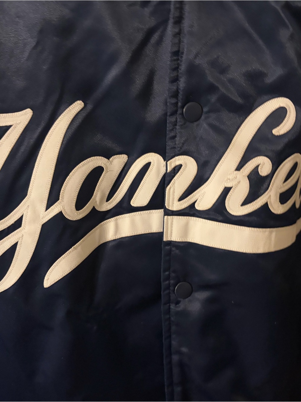New York Yankees Navy Satin Bomber Jacket - Classic Script Authentic Majestic XL - Picture 3 of 9
